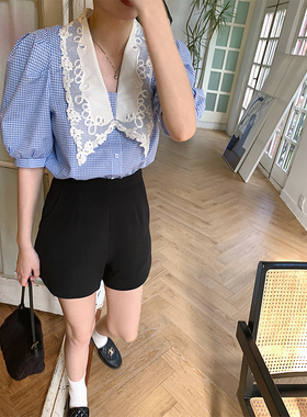 VASSE黑色高腰A字西装阔腿短裤子女2021新款小个子薄款显瘦休闲裤