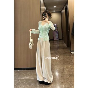 王等等微胖定制月下白茶2024春夏季新款时尚宽松百搭阔腿长裤女