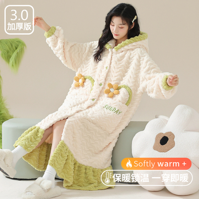珊瑚绒睡衣女冬季加绒加厚女士睡袍可爱卡通秋冬可外穿家居服套装