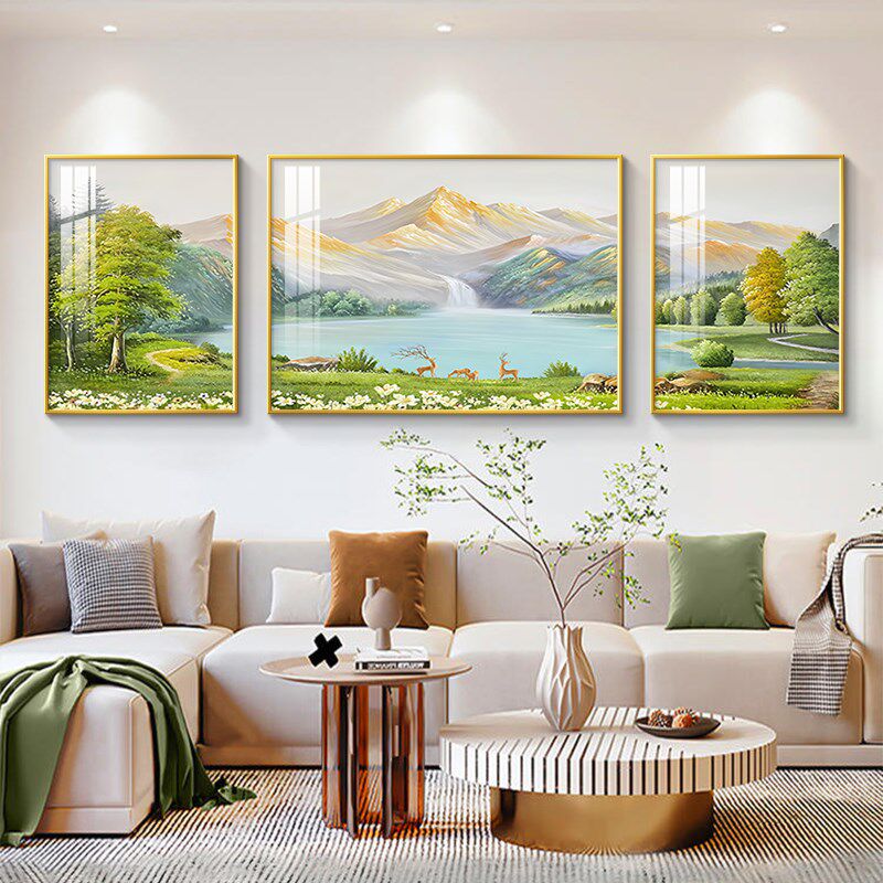 聚宝盆客厅装饰画轻奢高级感沙发背景墙挂画西墙聚财山水三联壁画