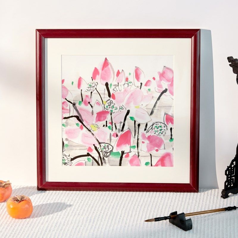 实木国画框装裱相框挂墙书法字画正方形十字绣仿铜角中式画框定制