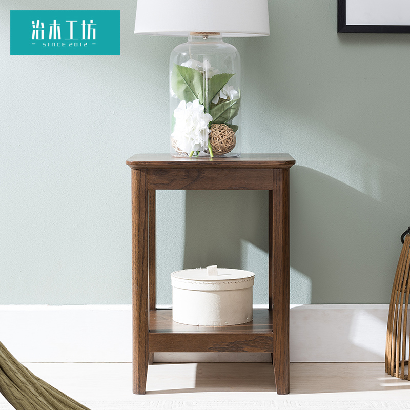 治木工坊纯实木边几红橡木花架美式环保胡桃色客厅简约双层置物架