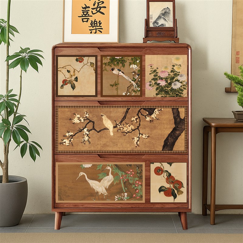 宋氏美学新中式2025新款实木鞋柜家用门口翻斗超薄储物入户一体柜