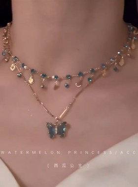 蓝蝶之恋蓝色蝴蝶项链女款2024新款爆款双层叠戴锁骨链配饰