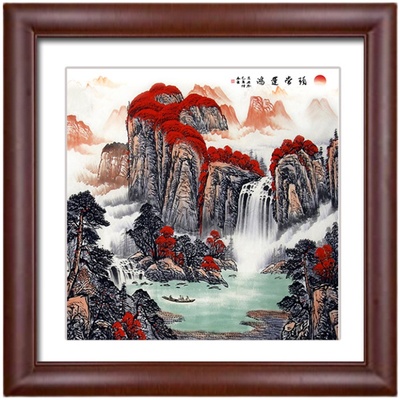 小山水画鸿运当头挂画正方形旺财装饰画办公室中式客厅背景墙壁画