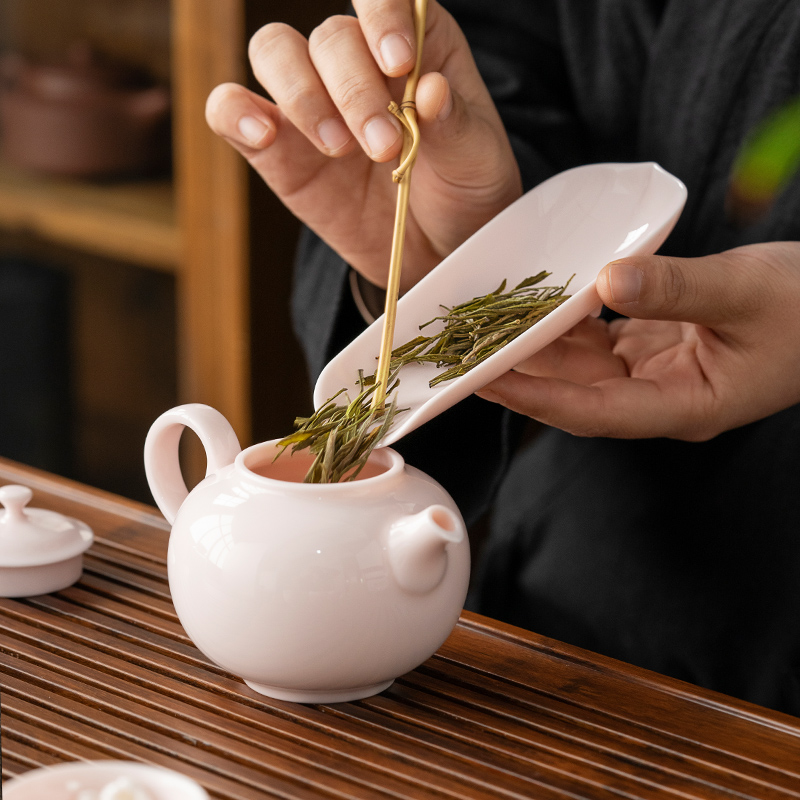 茶荷粉色赏茶禅意陶瓷茶则茶道配件茶具茶碟复古风茶勺套装投茶器