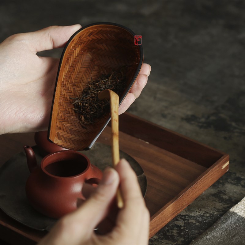 大漆复古竹编茶则 老篾匠编织上精品手工茶荷功夫茶道零配件