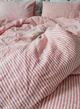 日式 简约亚麻小细条纹床单式床品四件套 红色条床笠床上用品套件
