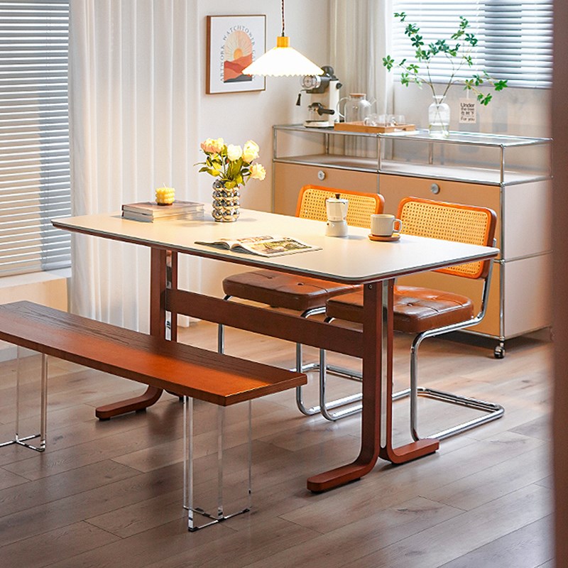 复古实木岩板餐桌家用小户型设计师中古风桌子长方形餐桌椅吃饭桌