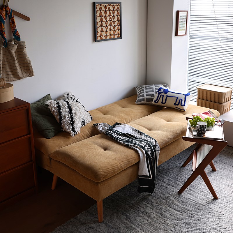 北欧实木中古灯芯绒沙发床客厅小户型两用布艺沙发无扶手可折叠床