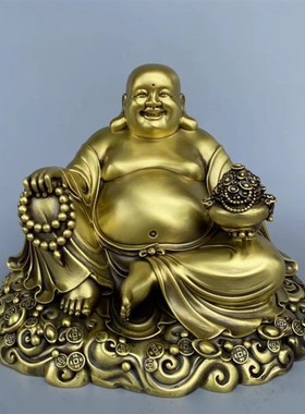 大号弥勒佛摆件纯铜聚宝盆笑佛大肚元宝佛客厅装饰品家用供奉佛像