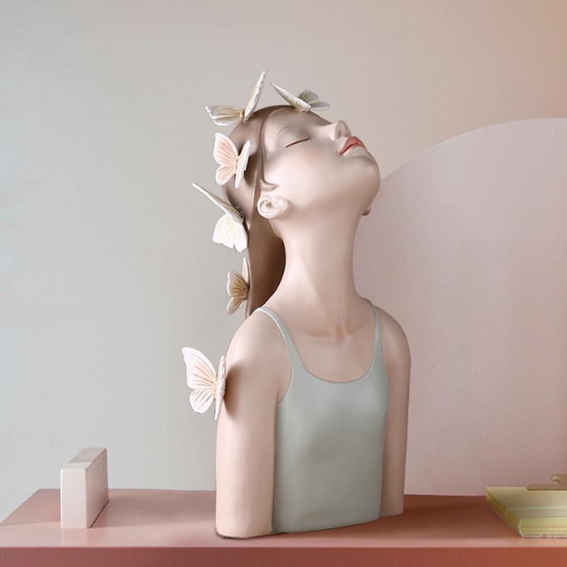 创意人物桌面蝴蝶仰面女孩树脂摆饰店铺样板房家居装饰品茶几托