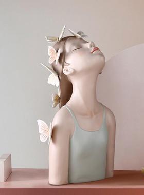 创意人物桌面蝴蝶仰面女孩树脂摆饰店铺样板房家居装饰品茶几托