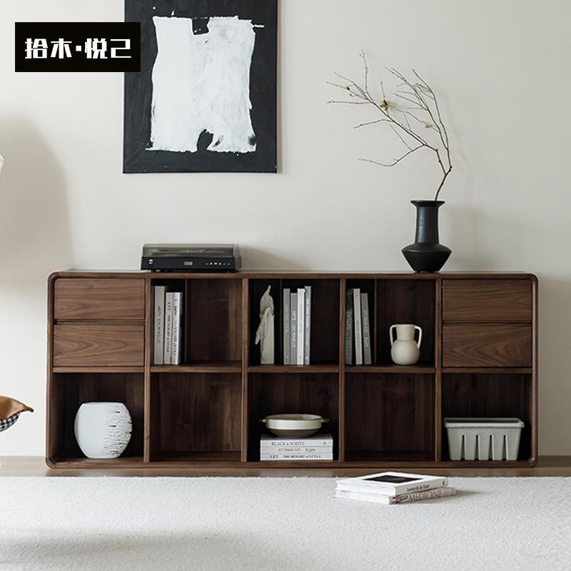 北美黑胡桃木实木书柜客厅沙发边柜矮格子电视柜北欧风落地储物柜