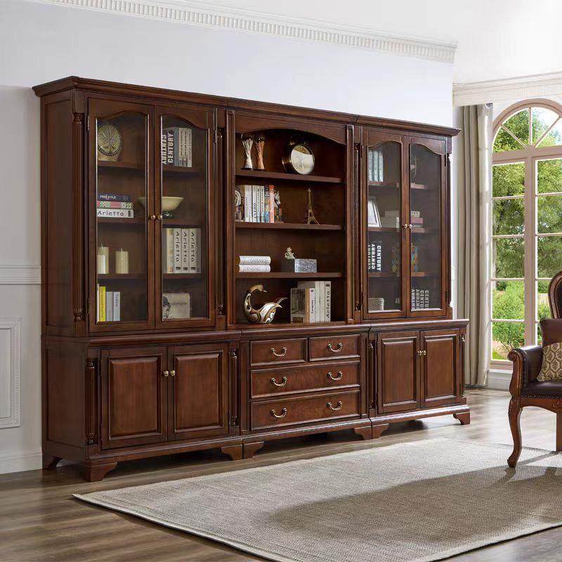 美式全实木组合书柜两门四门带玻璃门书架整墙别墅一体全套收纳柜