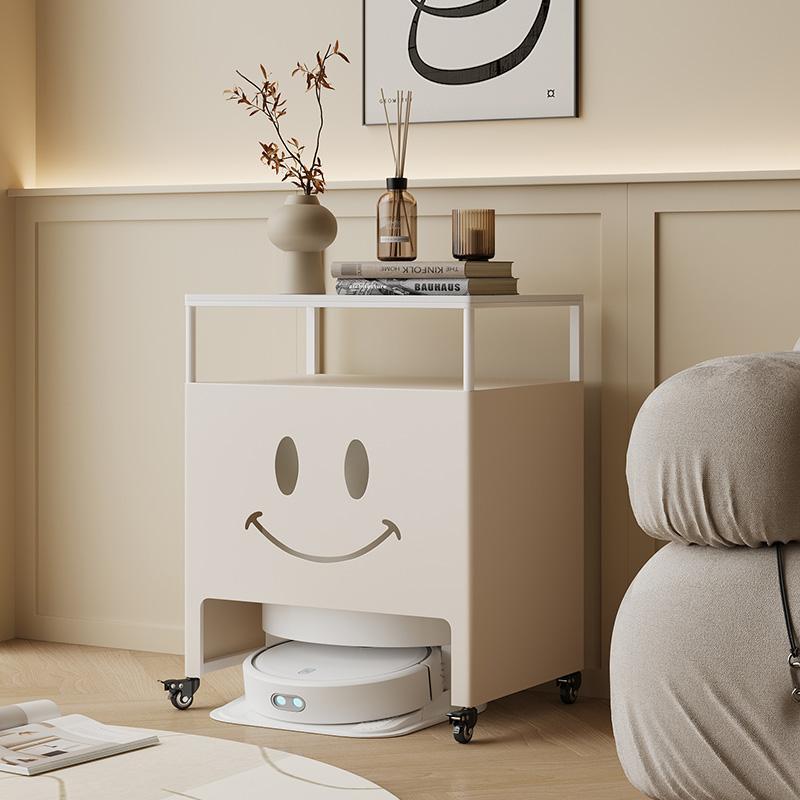 奶油风岩板扫地机器人上方置物架基站柜带轮子扫地机边几鱼缸柜子
