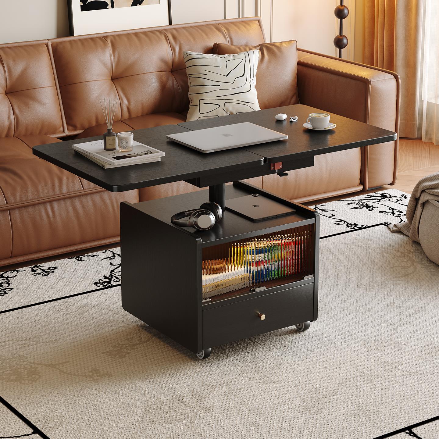 全实木多功能移动茶几可升降折叠客厅家用覆古沙发边几小推车边柜