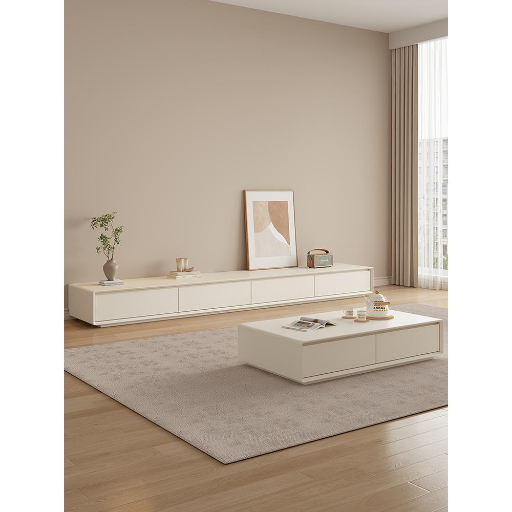 奶油风落地电视柜现代简约小户型实木客厅茶几2025新款电视机柜