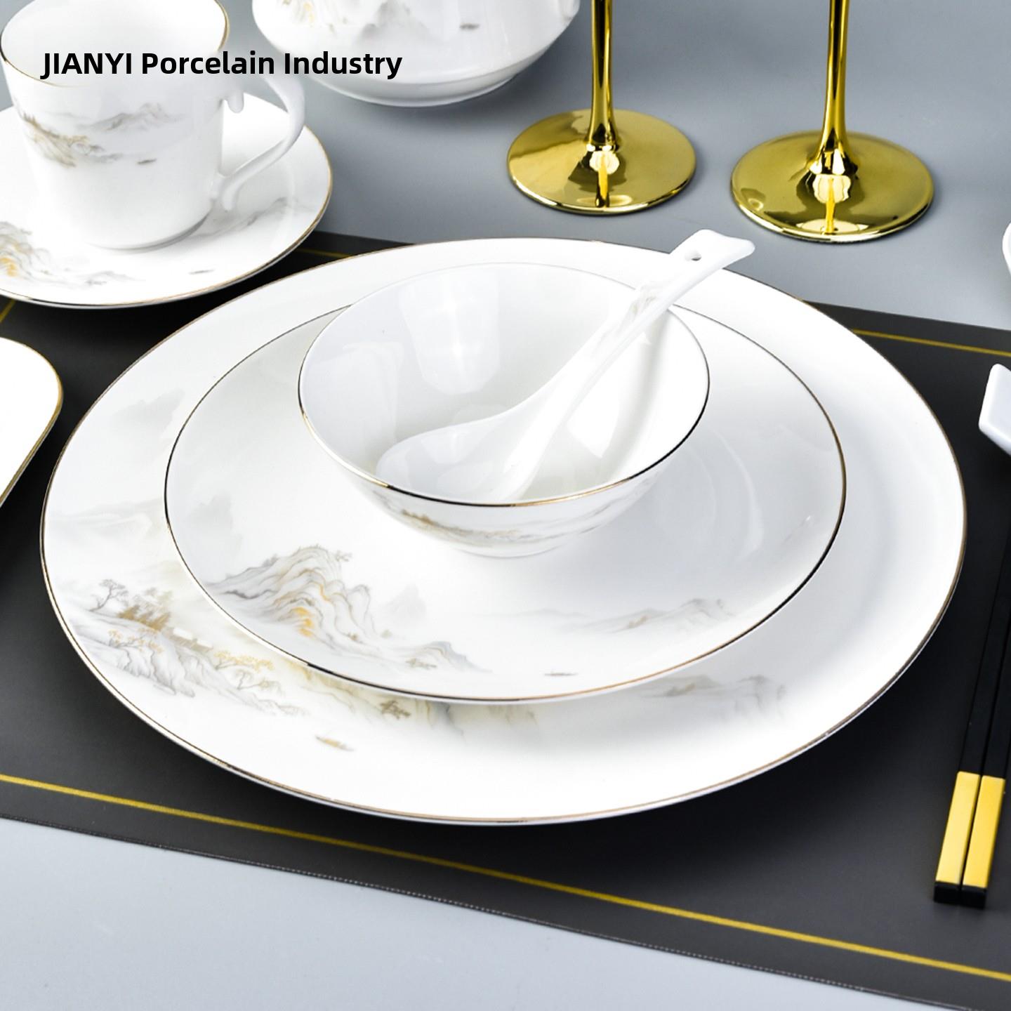 高档酒店会所摆台餐具金边新中式餐厅饭店商用三件套骨瓷碗碟套装