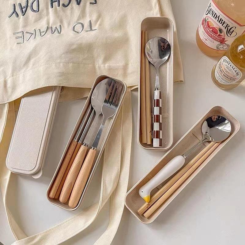 棋盘格木质筷子勺子可爱陶瓷304勺叉可携式套装学生不锈钢折叠餐