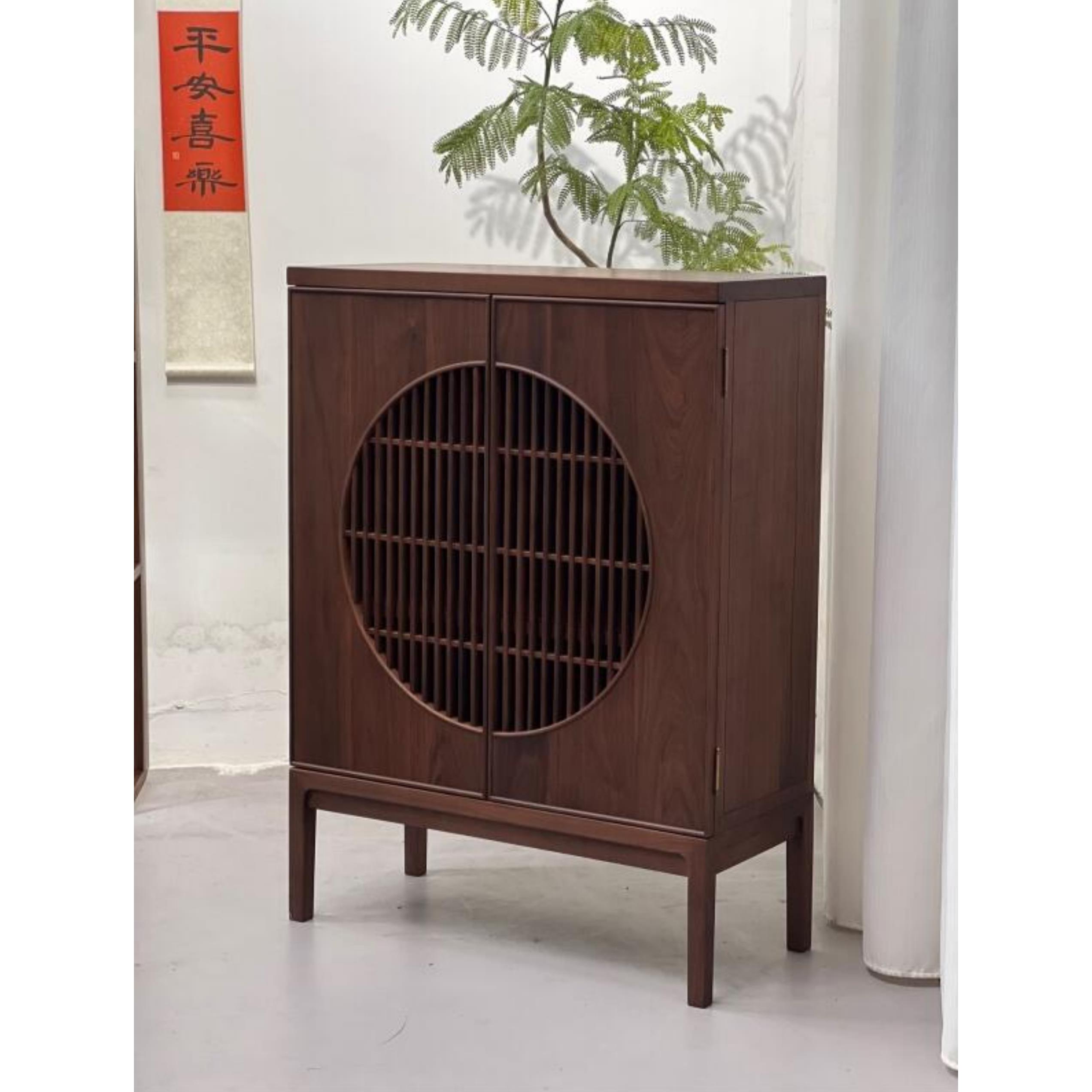 新中式明月柜黑胡桃木餐边柜禅意茶边柜储物柜入户客厅玄关柜