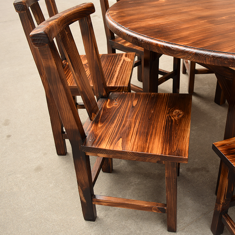 饭店实木桌子圆桌餐厅餐椅农庄桌子椅子加厚松木炭烧桌面馆木桌椅