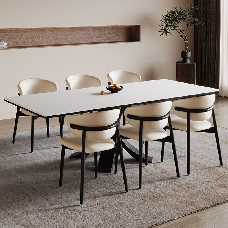 德利丰实木岩板餐桌长方形家用侘寂奶油风高端设计师款全托饭桌子