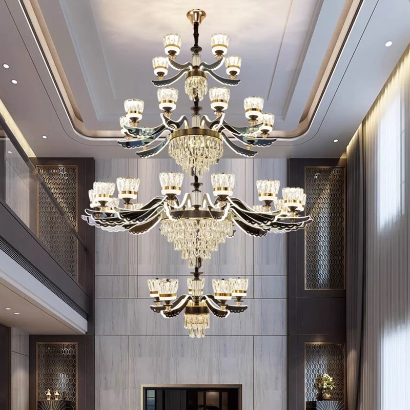 别墅大厅灯奢华大气水晶复式客厅大吊灯楼中楼自建房挑高酒店新