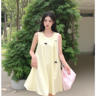 淡黄色圆领无袖 甜美a字短裙 背心连衣裙女夏季 蝴蝶结花苞裙子韩版