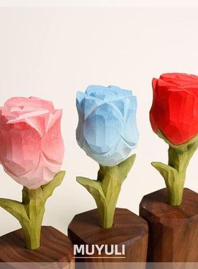 手工木雕玫瑰花摆件情侣款一对桌面装饰品闺蜜男女友创意表白礼物