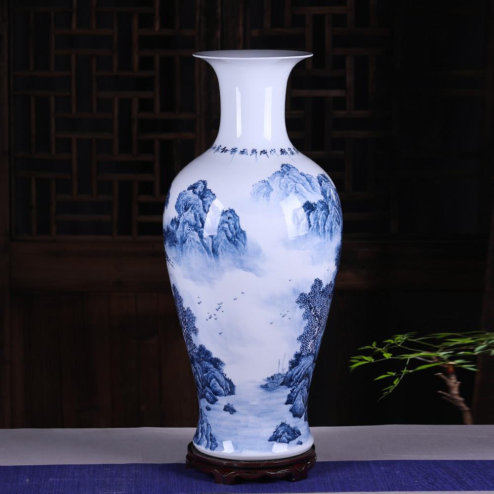 景德镇陶水DSZP0124瓷器花瓶名师手绘号青花山中大式客厅玄关落装