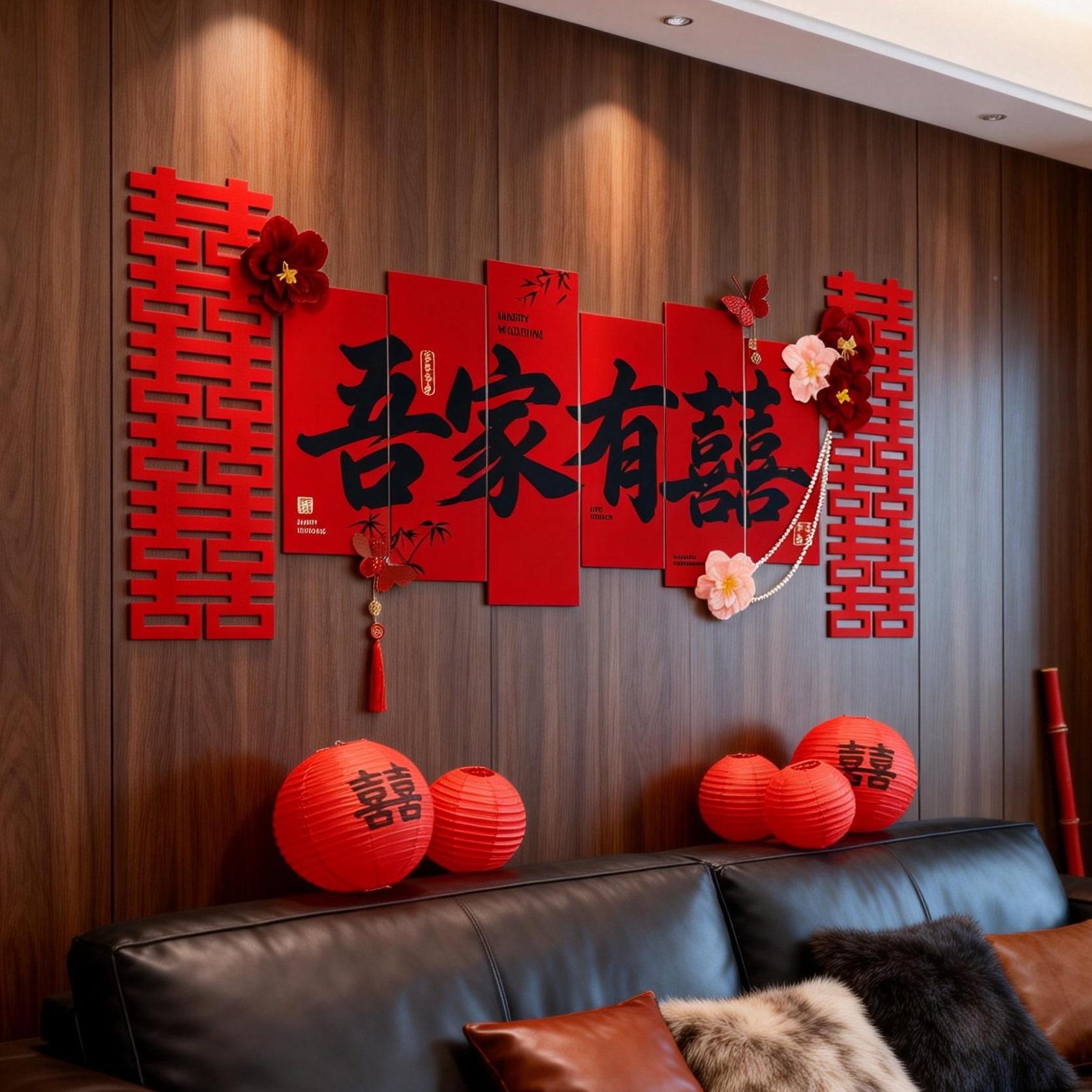 婚房布置客厅婚结饰婚礼装男方新房电背视沙发景墙墙贴吾家有喜套