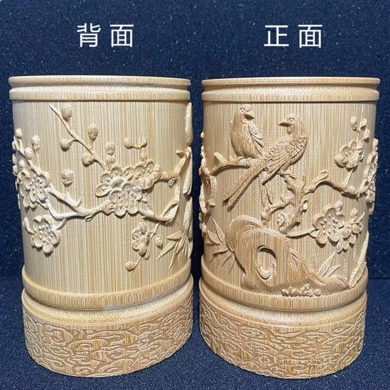 毛笔筒摆件礼品办公桌学生中国风商务复古竹雕刻字笔桶收纳盒礼物