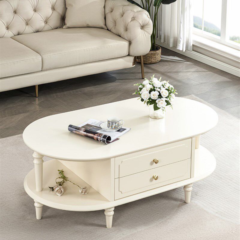 法式奶油风实木茶几白色椭圆形咖啡桌美式客厅小户型白色储物茶台