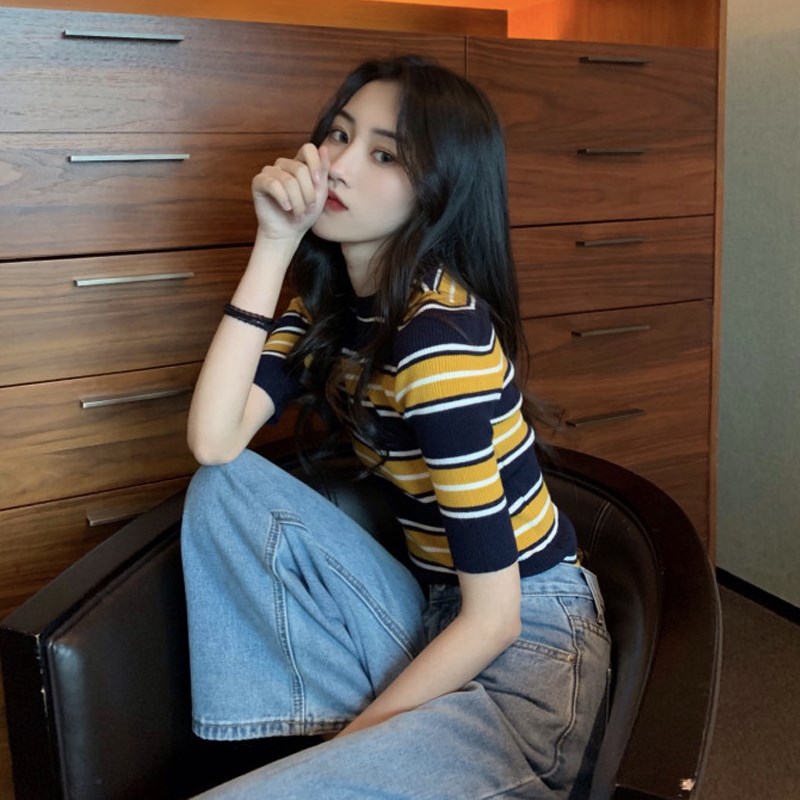 法式复古洋气气质修身百搭短袖圆领短款撞色条纹针织衫T恤上衣女