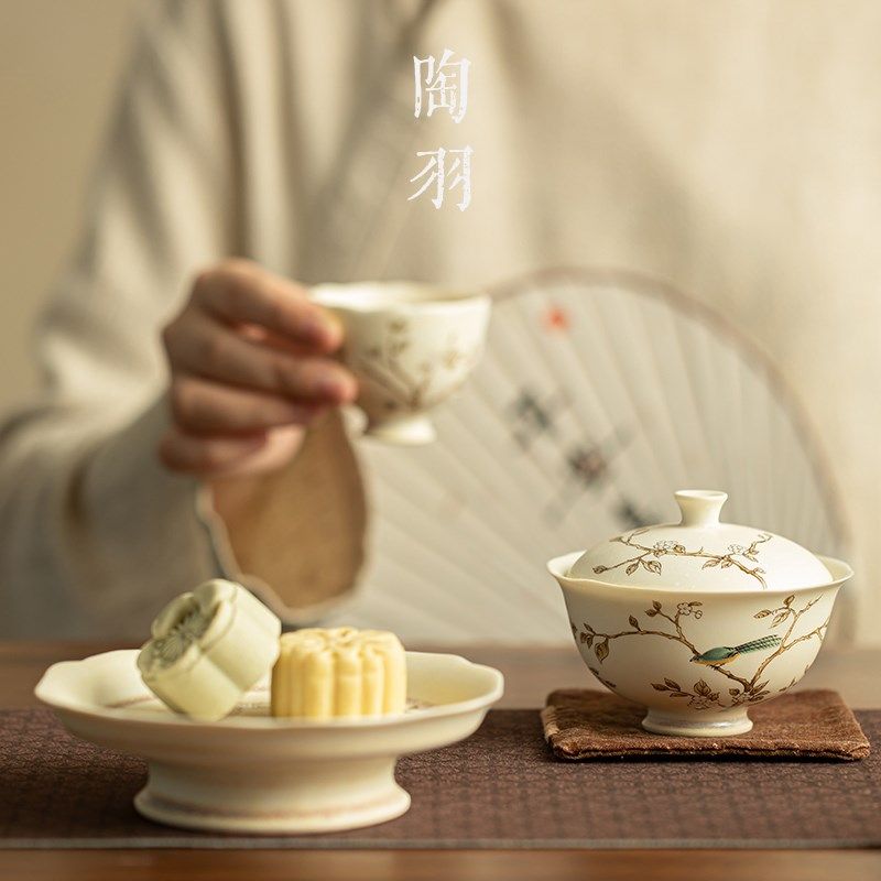 苏打烧萱草莺飞花边盖碗功夫茶具茶盘茶杯单个三才大号带盖泡茶碗