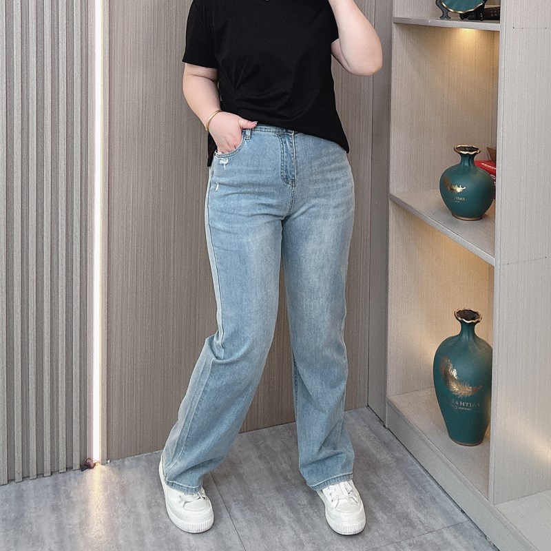 夏季薄款牛仔裤女大码胖mm高腰显瘦弹力破洞弹力休闲阔腿直筒裤子