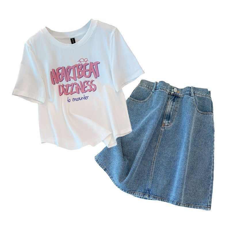 胖mm梨型身材套装牛仔半身裙大码短装t恤两件套微胖女装2024新款,女装/女士精品,大码套装,淘宝优惠券,粉丝福利购,淘宝优惠卷