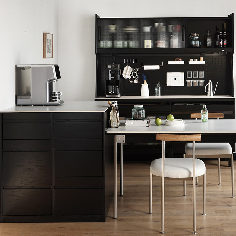 实木多功能厨房岩板岛台餐桌橡木黑色轻奢餐柜餐桌一体家用日式