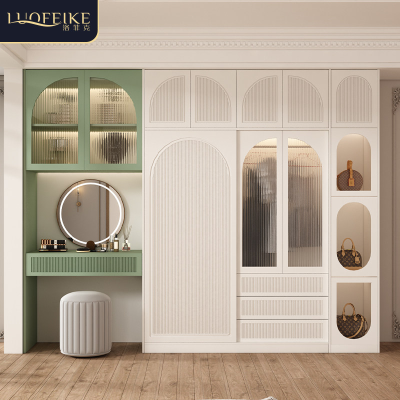 美式推拉门衣柜家用卧室实木奶油风移门大衣橱带梳妆台一体组合柜