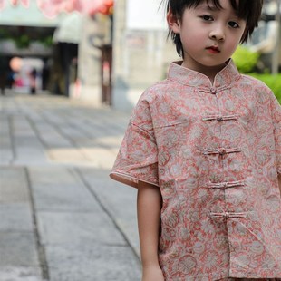男童唐装薄款夏季新款中式改良粉色汉服小男宝宝短袖短裤套装周岁