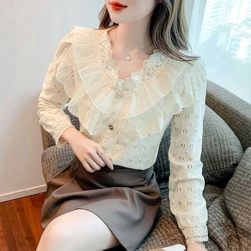 加绒加厚衬衫女秋冬新款时尚荷叶边小衫蕾丝打底衫洋气质宽松上衣