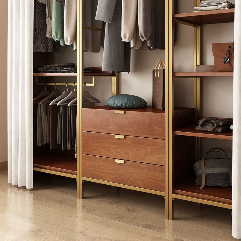 开放式衣柜帘子金色铁艺衣帽架落地步入式挂衣架卧室置物架50CM宽