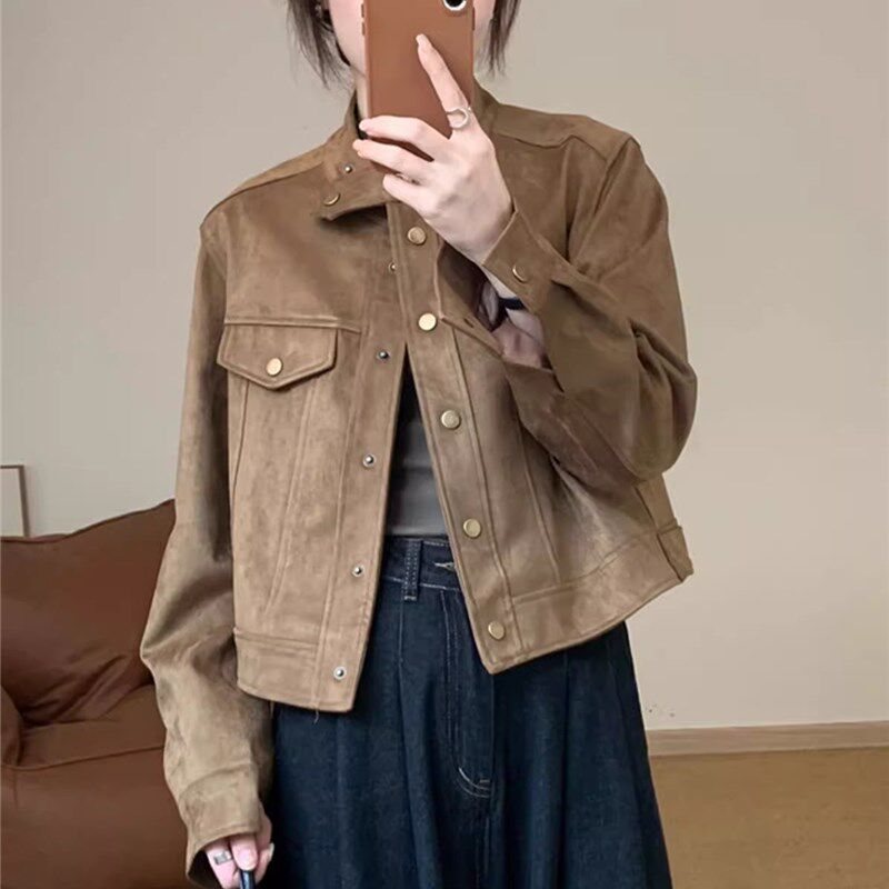 加绒麓皮绒外套女短款小个子春秋2024新款宽松气质高级感夹克上衣