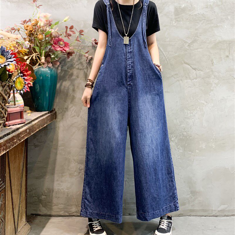 大码阔腿牛仔背带裤女夏季胖MM宽松拖地直筒长裤V领吊带连体裤子