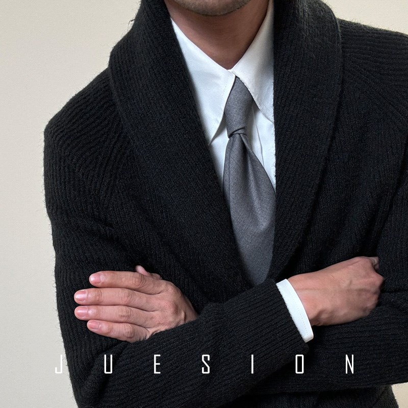 JUESION 冬季加厚保暖青果领毛衣外套男宽松设计感秋冬款针织开衫