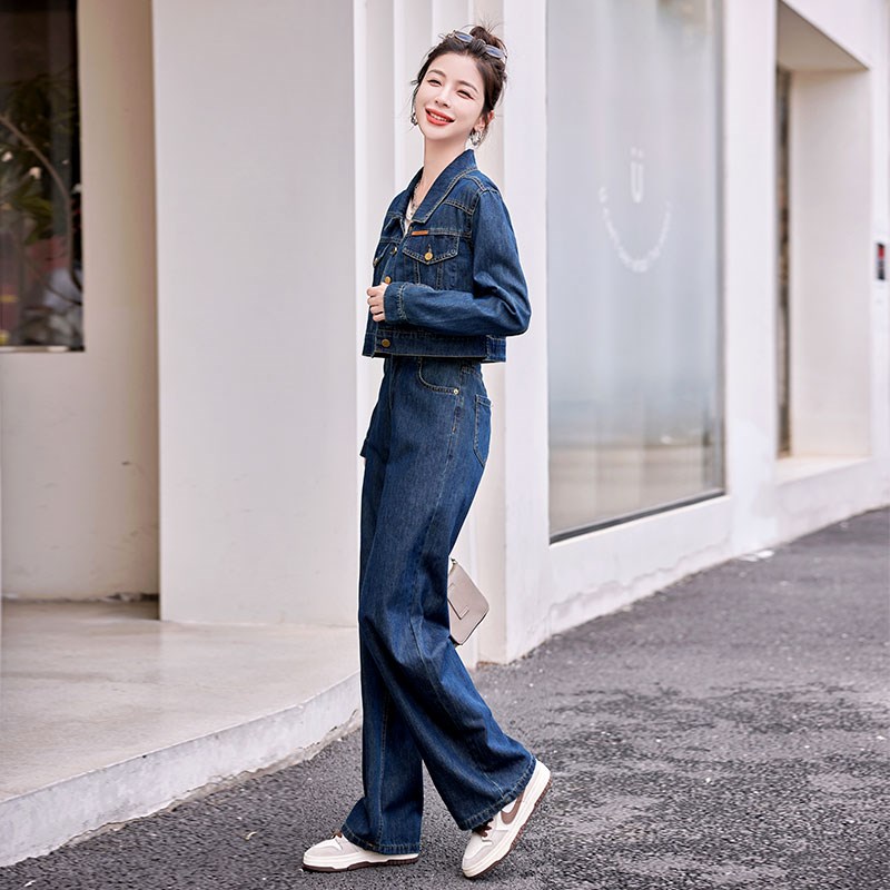 春装搭配一整套秋季牛仔阔腿裤套装女装2024新款时尚显瘦时髦洋气
