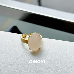 天然正品青海和田玉藕粉戒指s925银女款蛋面玉石指环送朋友礼物