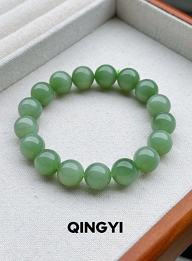 天然俄料和田玉碧玉粉绿猫眼手串12mm男女款素圈圆珠玉石手链礼物