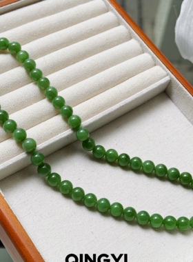 天然俄料和田玉阳绿碧玉项链9mm圆珠妈妈链女款玉石珠串送朋友